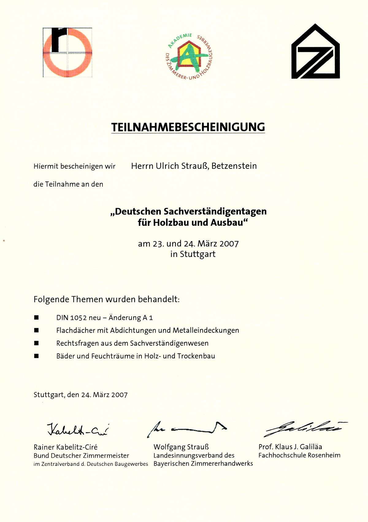 Teilnahme Sachverständigentage Holz und Ausbau - U. Strauß (2007)